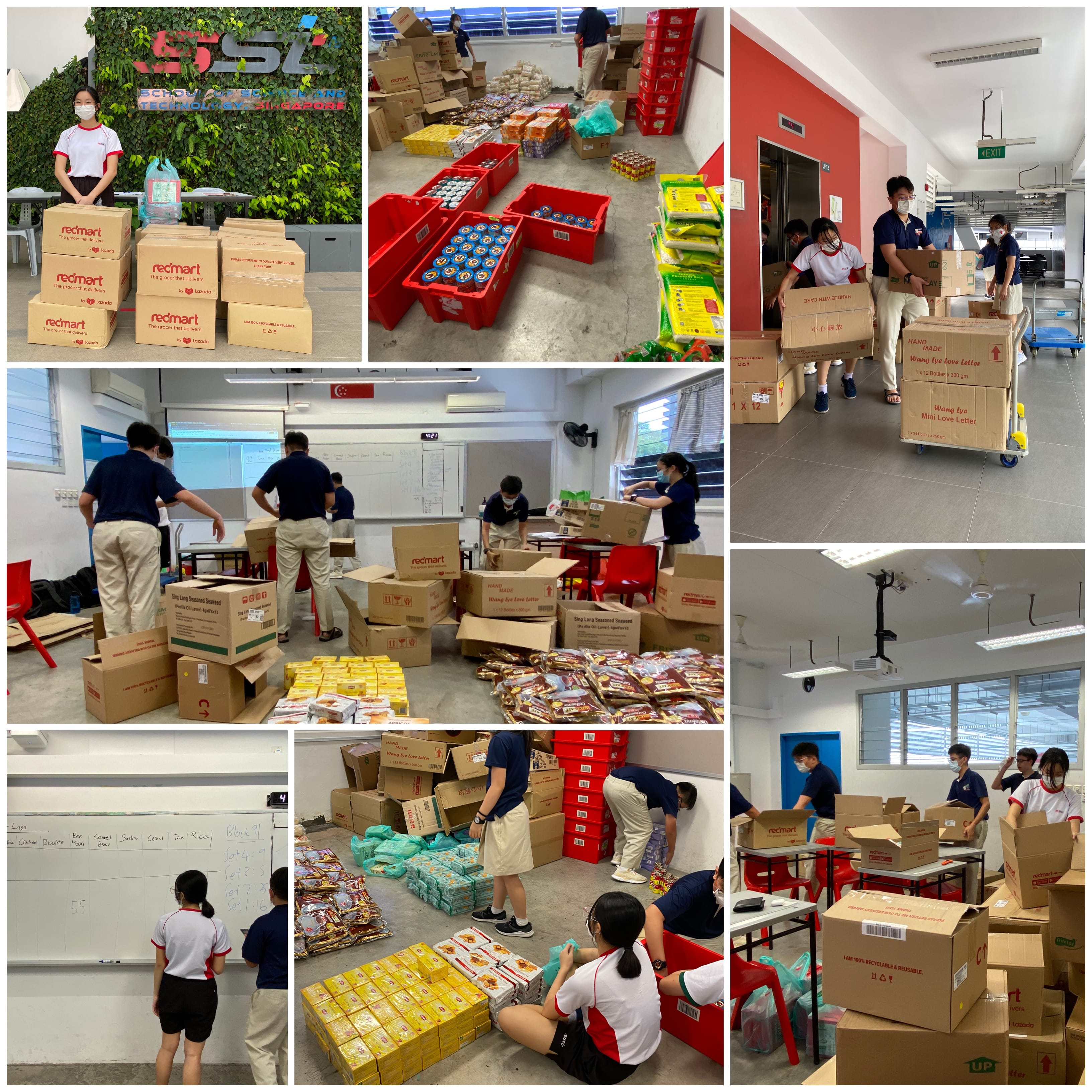 Collage of masked students sorting and packing food supplies into boxes in classrooms and hallways.